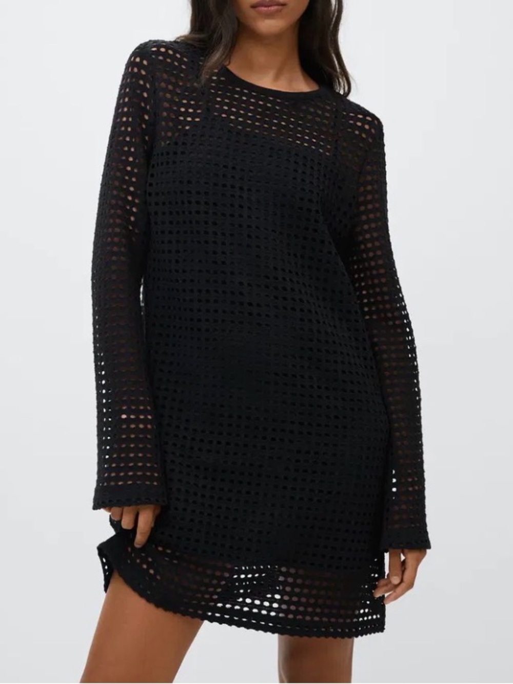 Mango Black Crochet Knit Long Sleeve Mini Dress Size 2XL NWT